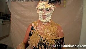 2 blondes get wet and messy and pie eachother in the face