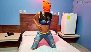 my brunette stepsister tells me she wants to celebrate halloween in a hotel bed she put on a mask and shakes her body and hips very sexy finally she getts naked for me