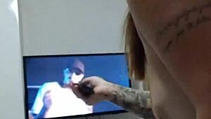 Redhead wife video calls lover while husband watches and masturbates on her tits
