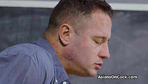 asian spinner rides teacher's cock by chalkboard in classroom