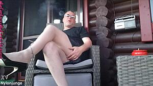 Chubby Amateur Relaxing Outdoors in Heels and Pantyhose