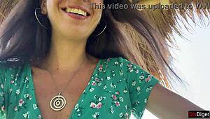 teen casually swallows cum while eating pasta carbonara with sperm on her face during public cafe cumwalk