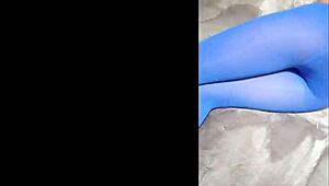 admiring sexy pantyhose paired with blue high heels