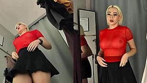 Check out this hidden cam footage of a horny blonde MILF trying on clothes without panties in the fitting room.