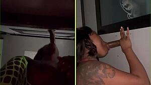 She sucks strangers' big black cocks through the gloryhole, spitting and getting facials