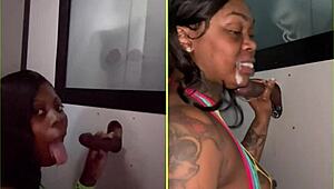 She sucks strangers' big black cocks through the gloryhole, spitting and getting facials