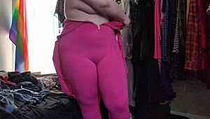 Trying on a stretchy pink bodysuit