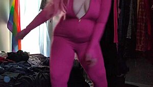Trying on a stretchy pink bodysuit
