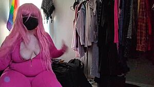 Trying on a stretchy pink bodysuit