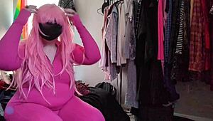 Trying on a stretchy pink bodysuit