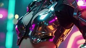 Curvy model poses in sexy future cyberpunk outfits during photoshoot.