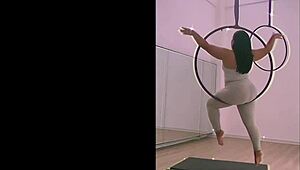 Asian babe RIPS clothes in HEELS during pole DANCING and aerial HOOPS