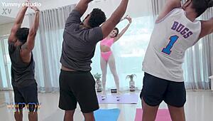 Watch out! 20-year-old Brazilian gym trainer Gabily Castro takes three big cocks in intense double penetration, her tight pussy gaping!