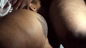 sexy bbw licks lesbian stud's pussy in bathroom