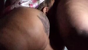 sexy bbw licks lesbian stud's pussy in bathroom