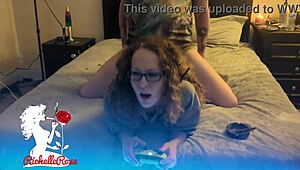 Freeuse gamer girl takes doggystyle pounding from big cock until creampie in hot milf foreplay