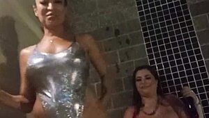 Three Brazilian hotties massage asses in hot tub