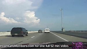 brunette flashes big tits topless in convertible