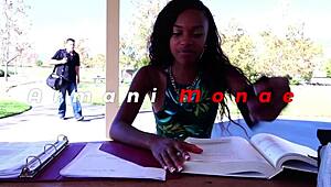 brunette with big ass in skimpy outfit masturbates big cock for interracial facial