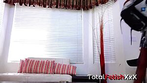 brunette with big ass in skimpy outfit masturbates big cock for interracial facial