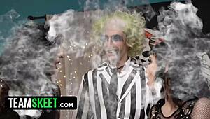 This Beetlejuice XXX parody shows best friends in costumes doing a subtle group adventure.