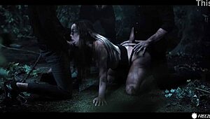 Asian slut with big tits gets gangbanged in the woods like a submissive fuckdoll, clothes ripped 😱