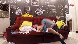 Hot wife Thayksada welcomes the delivery man, letting him fuck her on the sofa and cum in her mouth.