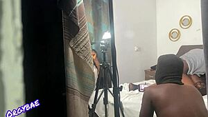 behind the scenes footage shows milf in lingerie licking shaved pussy and big cock on bedroom set