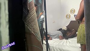 behind the scenes footage shows milf in lingerie licking shaved pussy and big cock on bedroom set