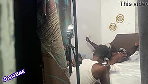 behind the scenes footage shows milf in lingerie licking shaved pussy and big cock on bedroom set