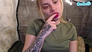 Blonde soldier intensely fucks herself on camera