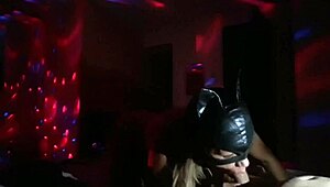 Masked shemale ladyboy gives blowjob, swallows cum in mouth for daddy.