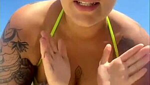 Oh, flashing my big pussy on the beach!