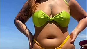 Oh, flashing my big pussy on the beach!