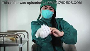 nurse uses latex gloves in hospital fetish play
