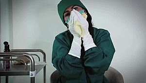 nurse uses latex gloves in hospital fetish play