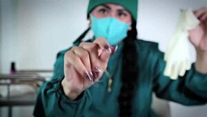 nurse uses latex gloves in hospital fetish play
