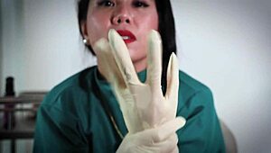 nurse uses latex gloves in hospital fetish play