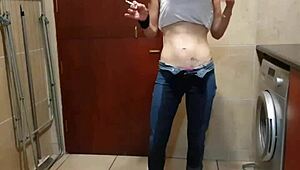 pisswhore peeing in her jeans smoking stripping