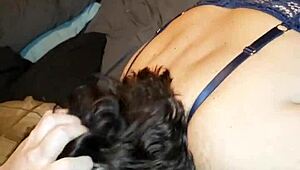 Milf in thong sucking big cock, hard nipples glowing