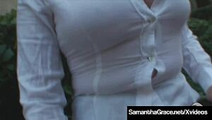 Sexy babe Samantha Grace rubs her shaved pussy with vibrator in Cuban stockings from POV.