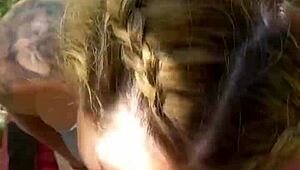 Blonde Gives Blowjob Kisses And Swallows Cum Outdoors