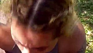 Blonde Gives Blowjob Kisses And Swallows Cum Outdoors