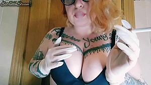 European Chubby Woman Smoking With Gloves