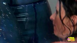 showerin with that latex brunette turns into her gettin drilled by toys til orgasm