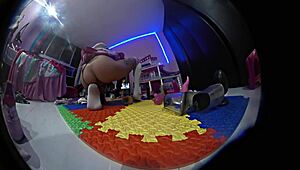 mexican shemale in pigtails and socks plays with toys, gaping her ass with big black cock