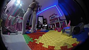 mexican shemale in pigtails and socks plays with toys, gaping her ass with big black cock