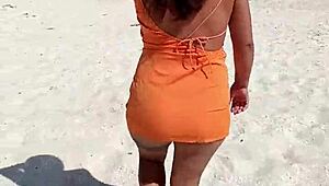 Mexican Babe Flashes Thong and Tits on Public Beach