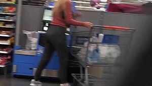 Blonde milf showcases her nice ass in tight spandex, turning heads with every move.
