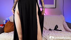 Teasing husband with heels and striptease before punishing with scalding wax